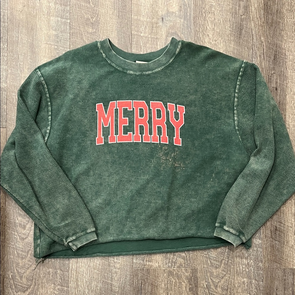 Green Corduroy Sweater with Red 'MERRY' Print